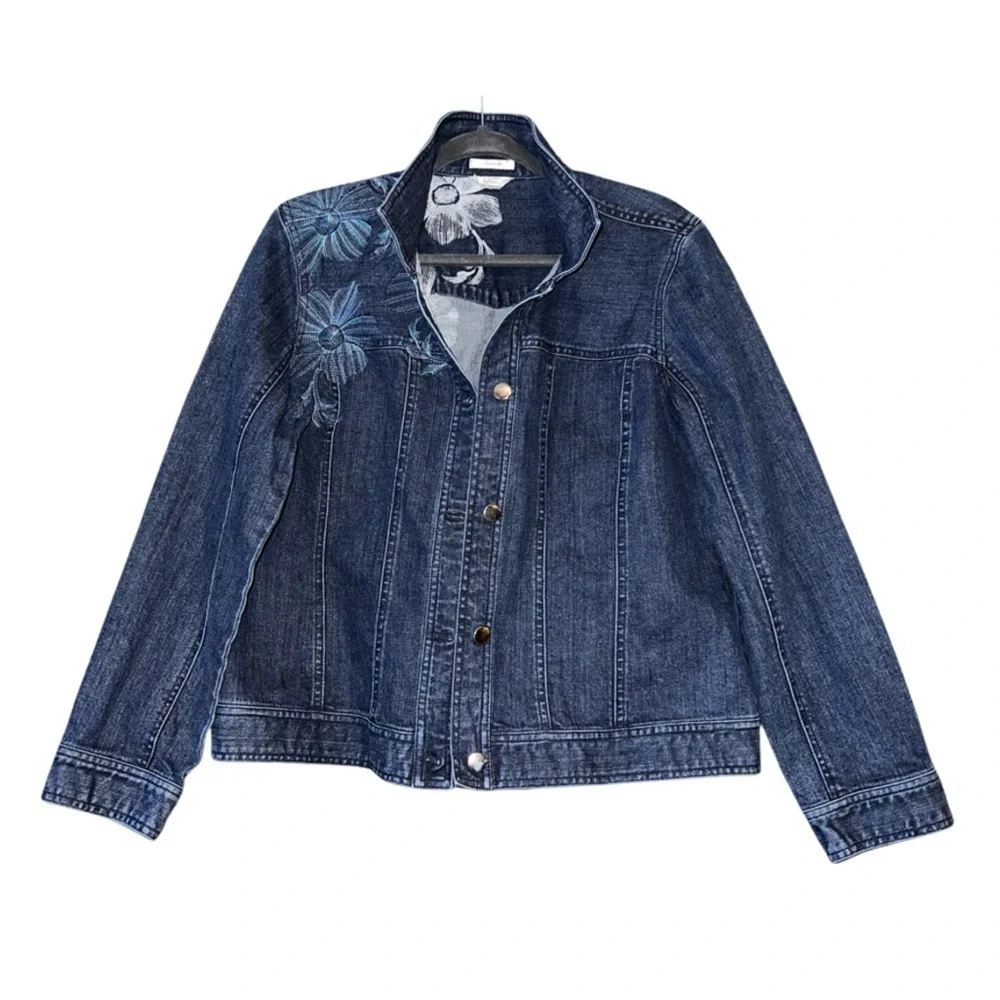 Christopher & Banks Stretch Denim Jean Jacket Embroidered Flowers sz M - Picture 1 of 3